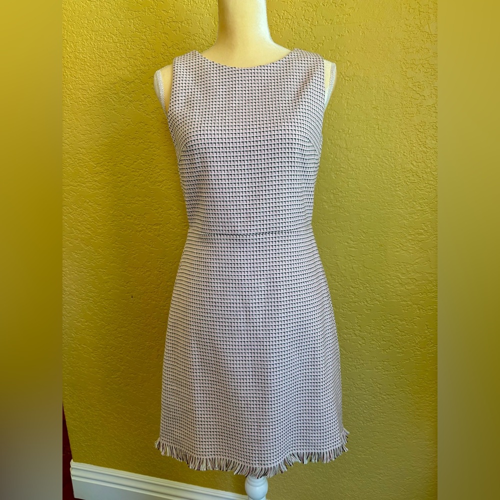 LOFT Tweed Fringe Sheath Pink, Black and White Patterned Dress - NWT size 2